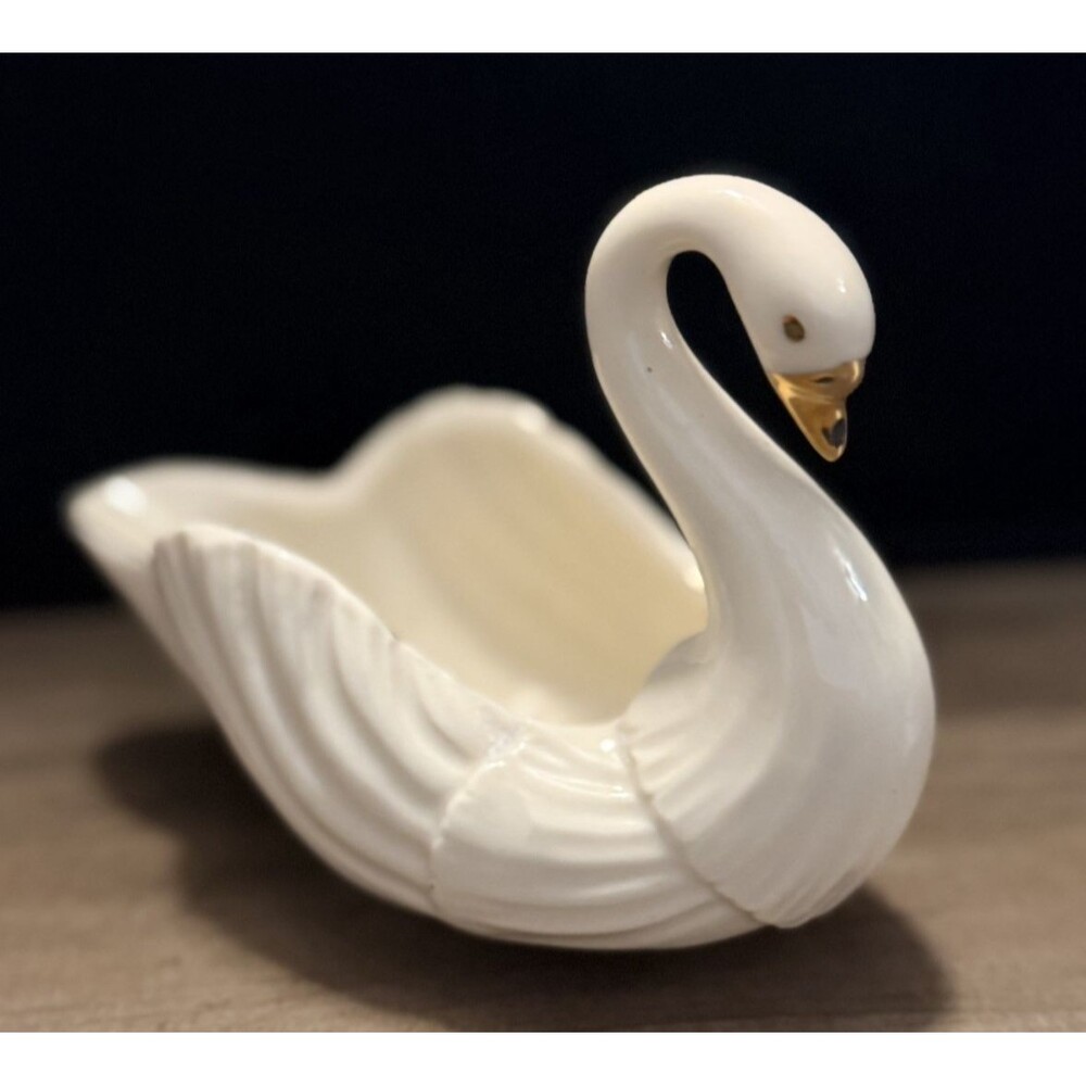 Vintage Porcelain Swan Jewelry Trinket Dish Gold Trim